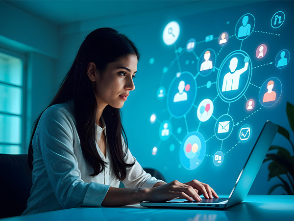 Frau die einen Laptop verwendet und eine Grafik die Marketing visualisiert in einem blau beleuchteten Zimmer